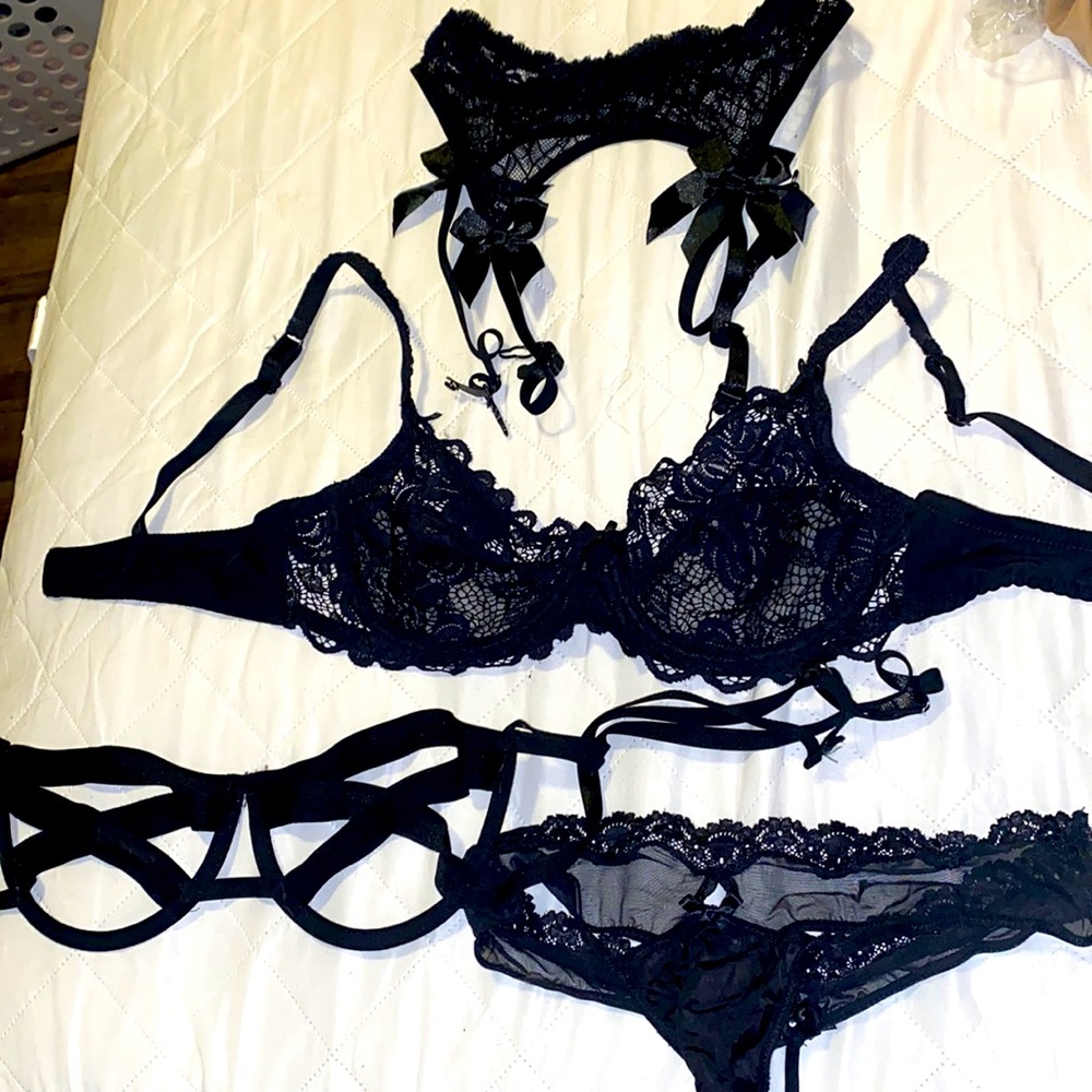 Lingerie bundle set. Adore me black lace top, underwear, garter belt straps bar